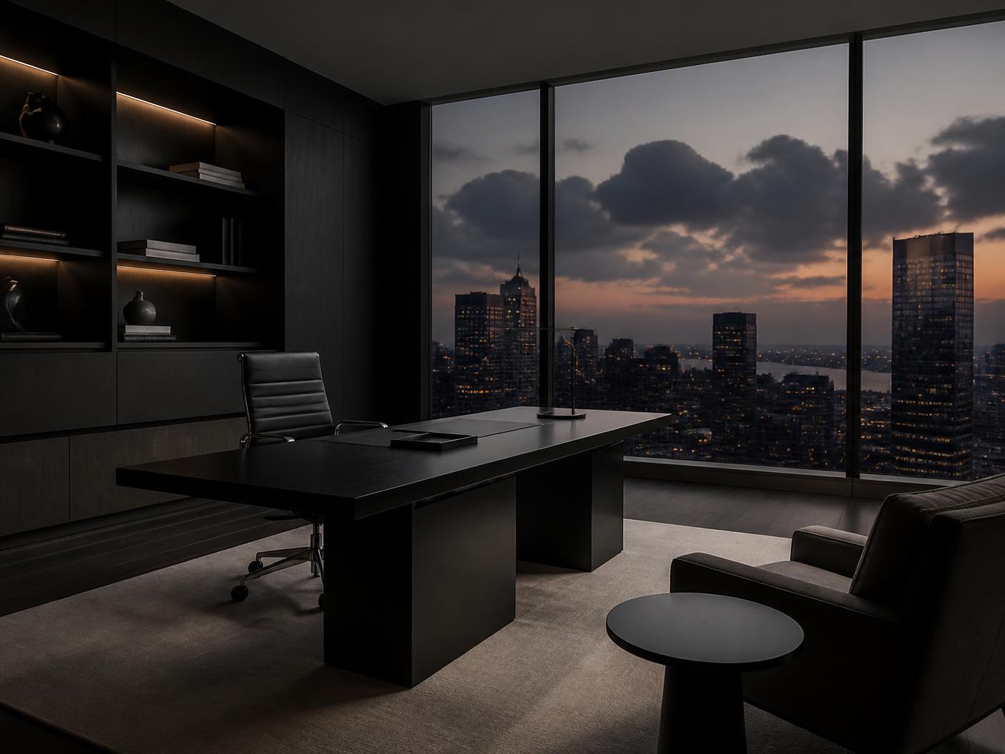 Quiet, dark executive interior overlooking a city skyline at dusk
